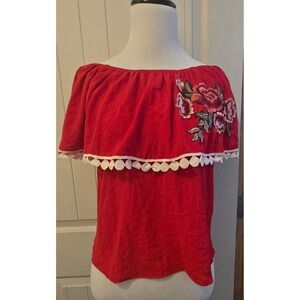 Belinda Red Mexican Off The Shoulder Embroidered Floral Ruffle Blouse Small